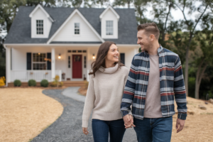 A happy couple holding hands in front of a new house, symbolizing unity and partnership in buying a home together