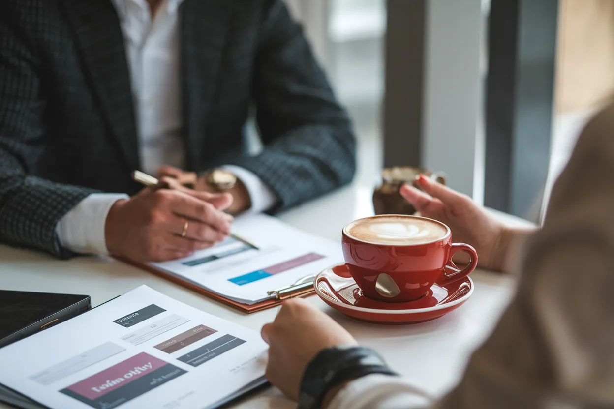 A stylish and creative photo representing the topic of combining dating with a busy career. The image depicts a professional setting with subtle romantic elements, such as a coffee date during a work break.