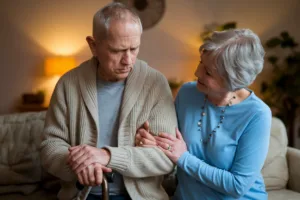 A couple in a cozy living room, showing emotional support and resilience while dealing with health challenges.