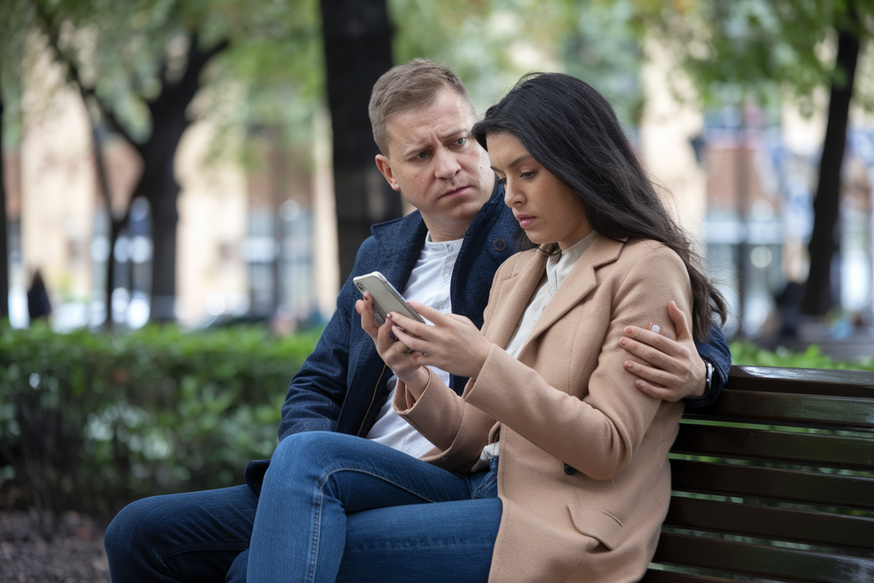 A couple sitting on a bench, one partner looking concerned while the other uses a smartphone, symbolizing trust and boundaries in relationships.