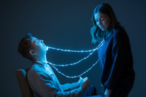 A stylish and creative photo representing empathic communication, showing connection and understanding between people in a realistic and visually appealing way.