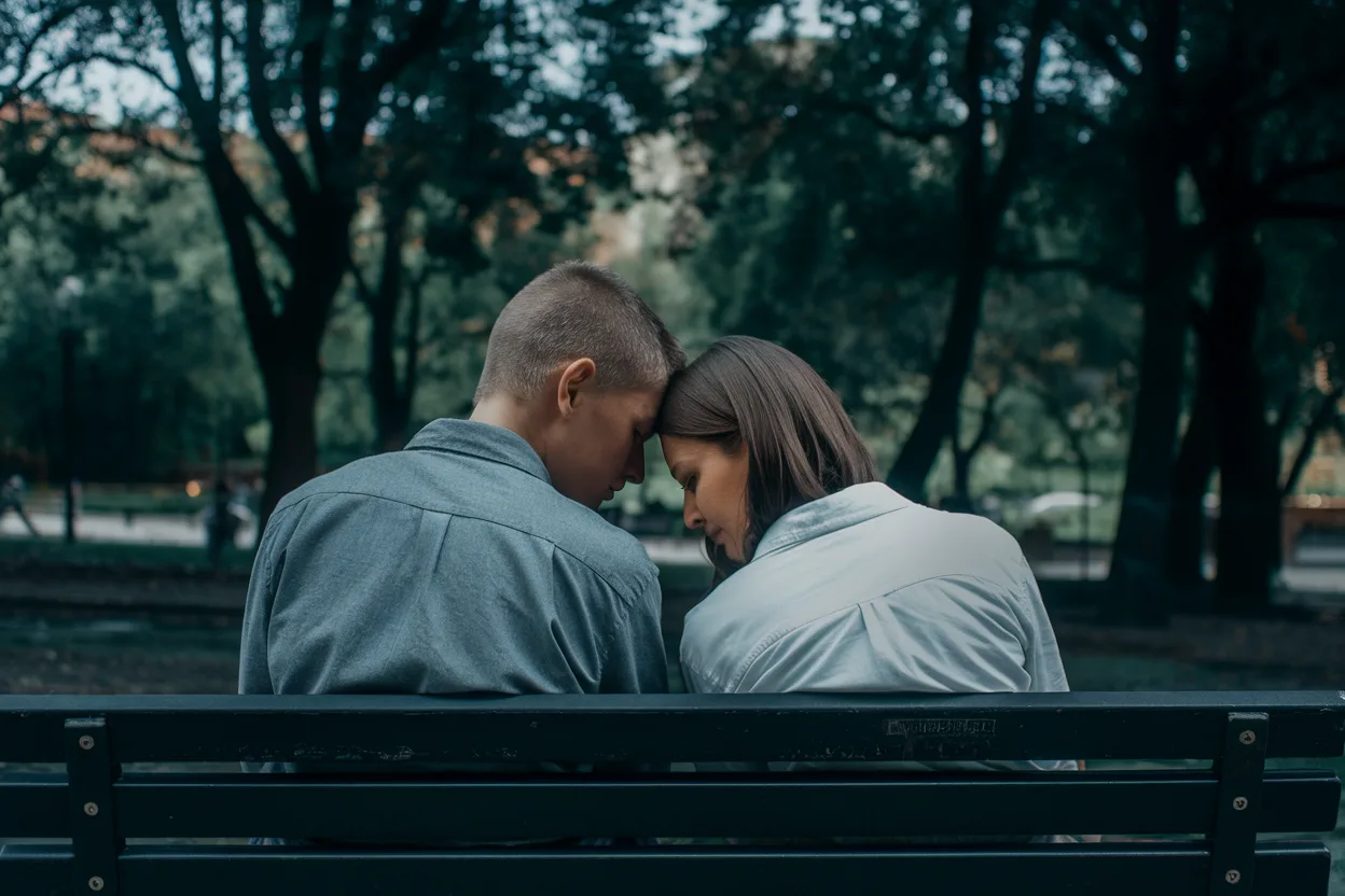 A photo of two people sitting on a bench in a park, symbolizing friendship after a breakup.