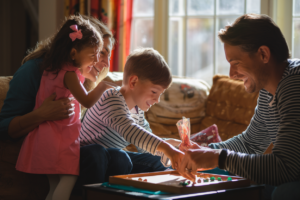 A family bonding moment showcasing love languages in children, with a mother hugging her daughter, a father playing a game with his son, and warm, inviting lighting.