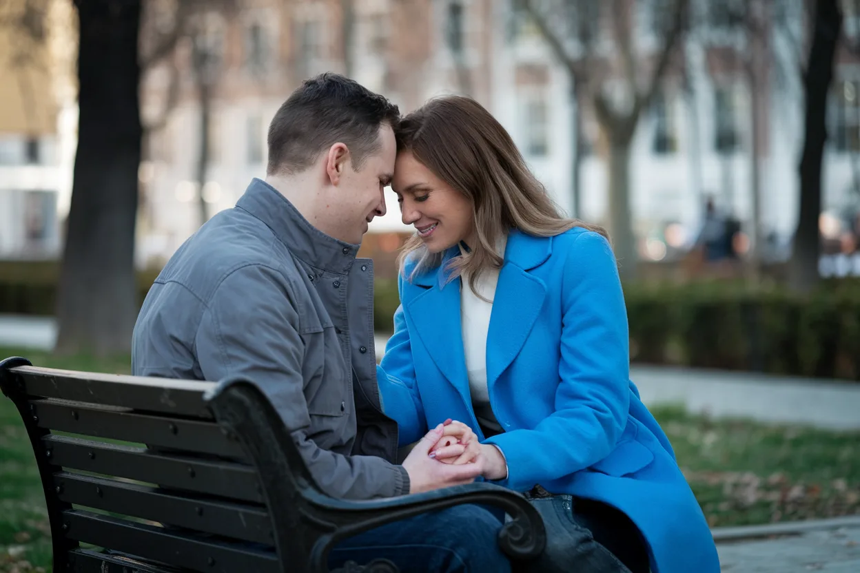 A couple sitting on a bench in a park, holding hands, representing love and connection.