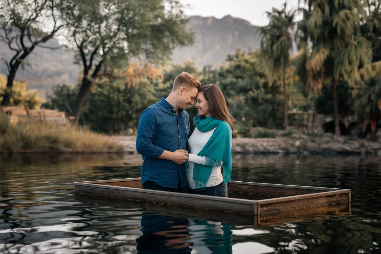 A couple standing on a wooden platform surrounded by water, symbolizing realistic relationship challenges.