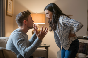 A couple having a healthy argument in a living room, illustrating the blog topic 'Is ruziemaken gezond? Wanneer conflicten juist goed zijn voor je relatie'