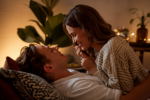 A Kodak-quality realistic image depicting the impact of hormones on sex drive, showing a couple in an intimate and emotional moment, with warm lighting and a cozy atmosphere.