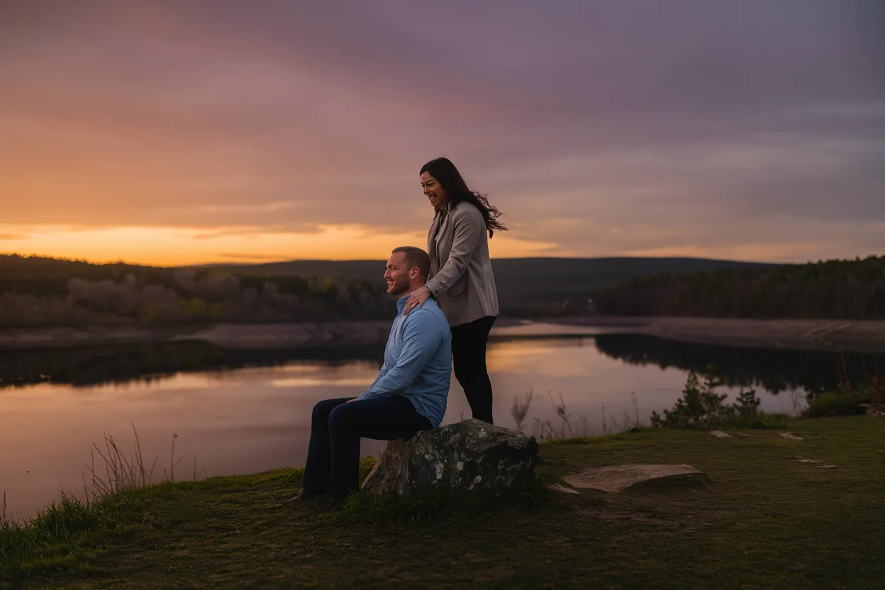 A couple in a long-term relationship sharing a quiet moment on a cliff overlooking a serene landscape.