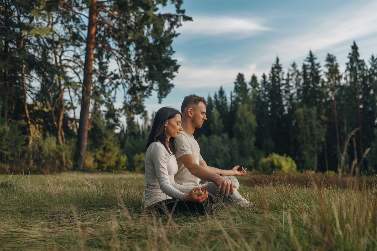 A couple practicing mindfulness together in a serene environment