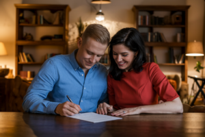 A couple signing a relationship contract in a cozy room with warm lighting