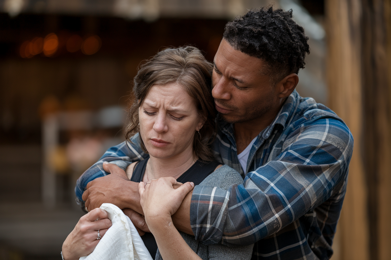 A couple supporting each other during a stressful moment, warm and empathetic atmosphere