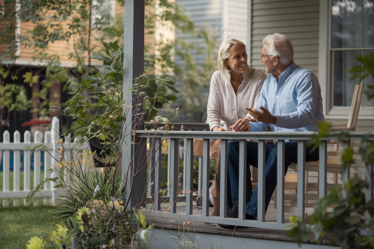 A couple discussing their retirement plans on a porch with a warm and collaborative atmosphere.