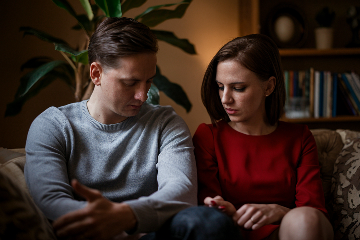 A realistic depiction of a couple sitting apart on a couch, both looking down, conveying feelings of shame and guilt after infidelity.