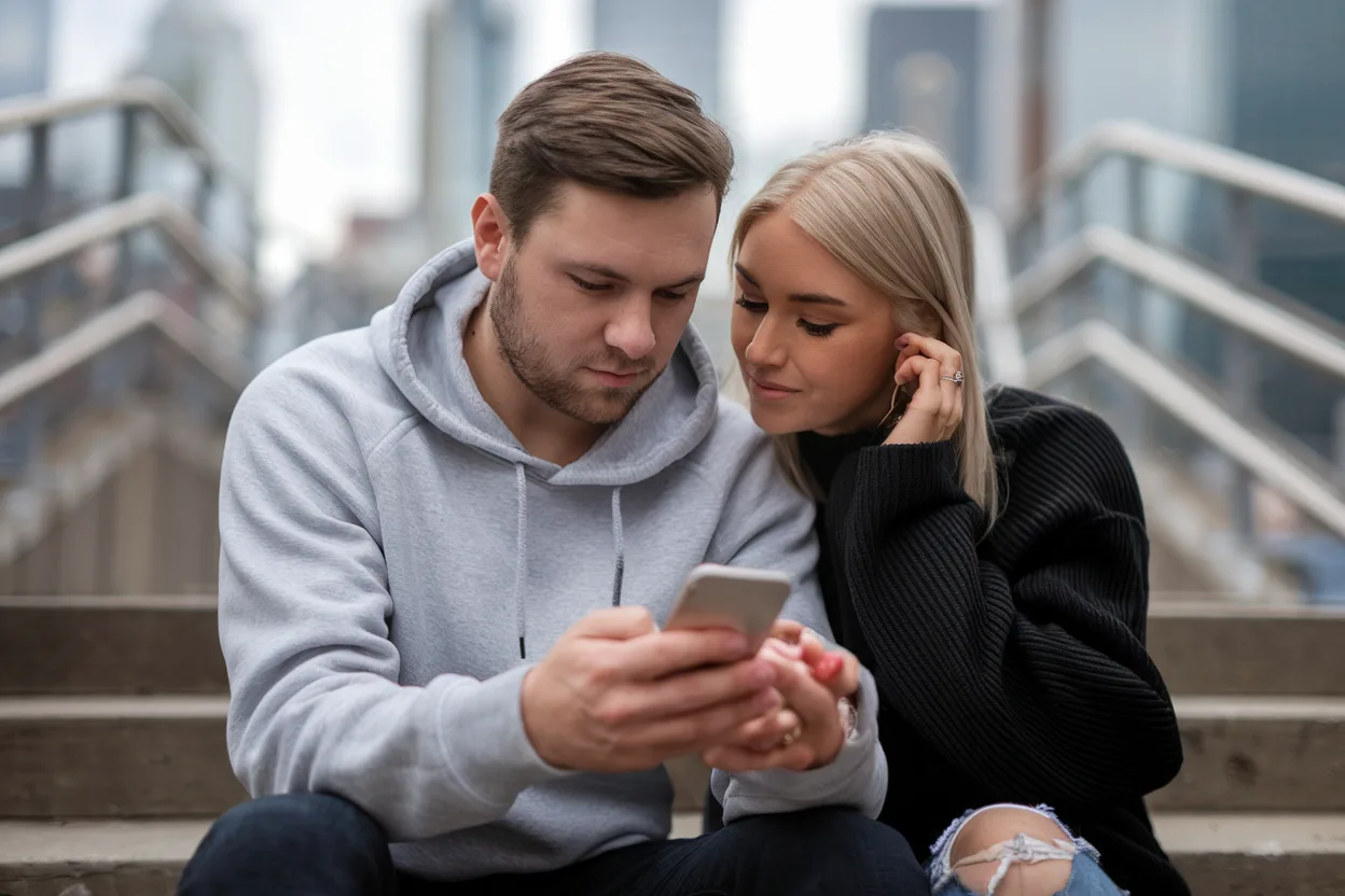 A stylish and creative photo representing a situationship, showing a couple in a modern, ambiguous relationship dynamic.