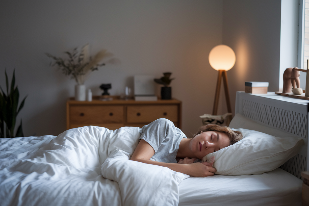 A serene bedroom with a person peacefully sleeping, symbolizing clarity and calmness.