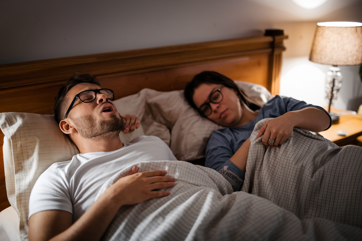 A realistic depiction of a couple in bed dealing with snoring and blanket pulling, cozy bedroom setting, nighttime lighting.