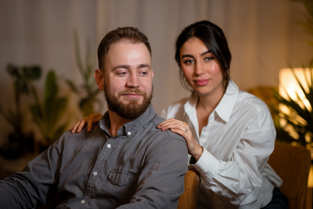 A supportive moment between a couple, depicting emotional care and balance.