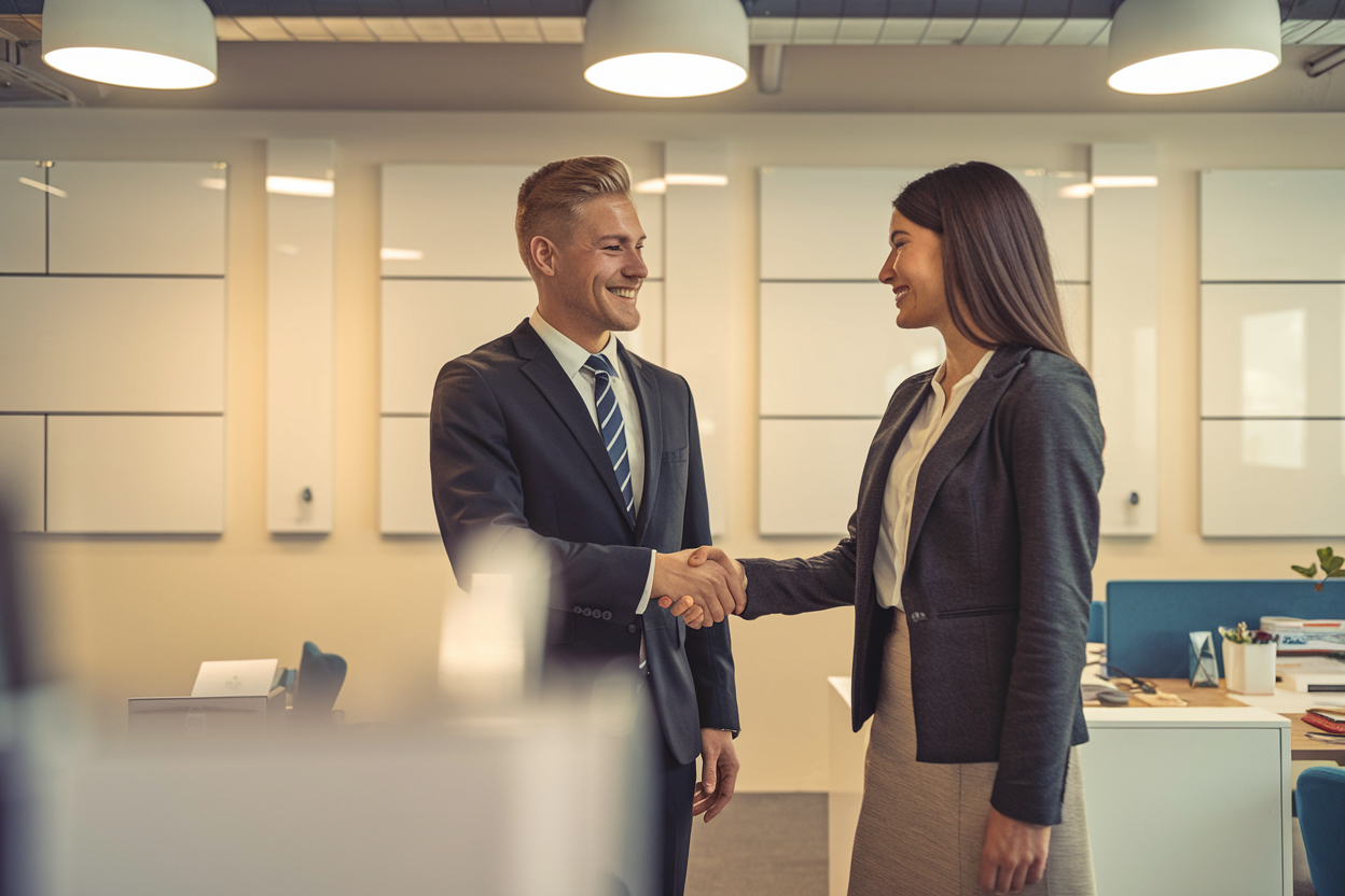 A Kodak-quality photo of a business partnership with two professionals shaking hands in a modern office setting.